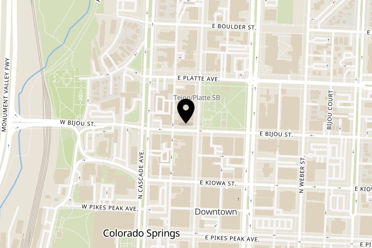 Map showing the location of Bambino's Urban Pizzeria on 36 E Bijou St in Colorado Springs